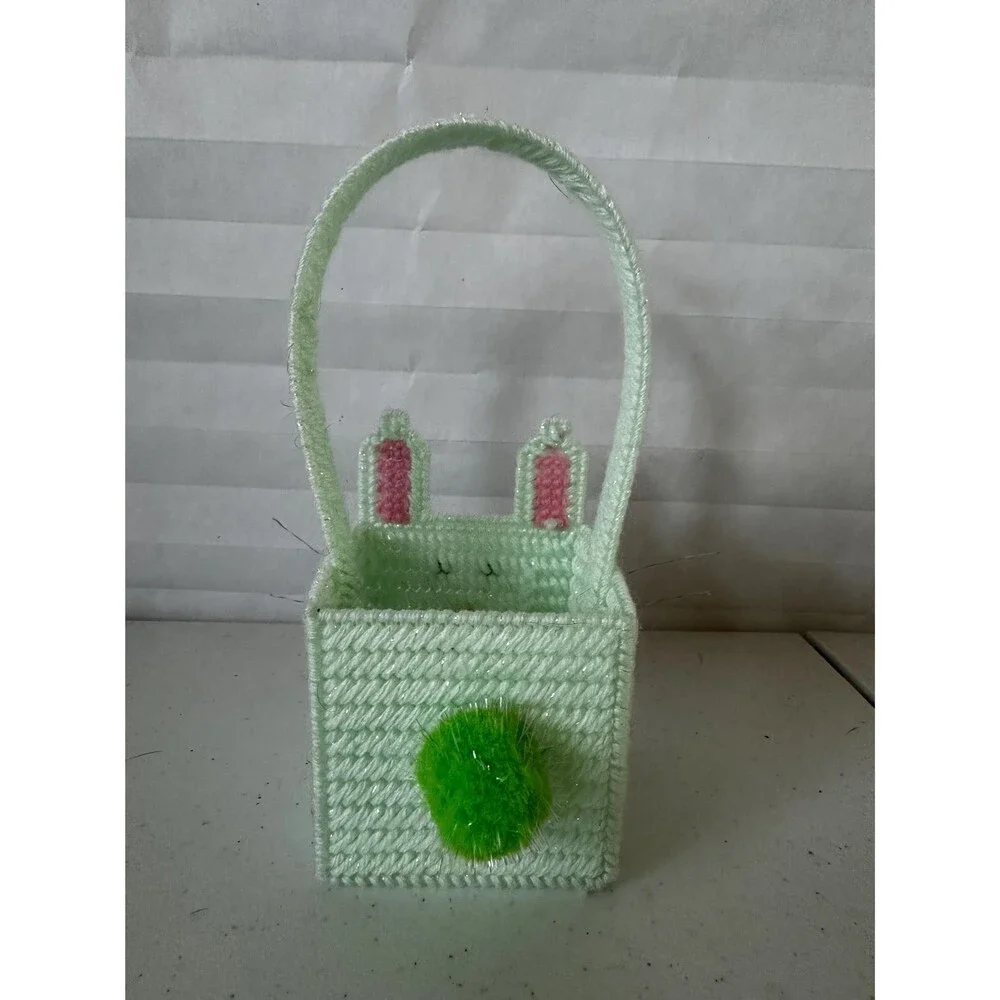 Mini Easter Basket Pale Green Sparkly Bunny Colorful Plastic Canvas Handmade